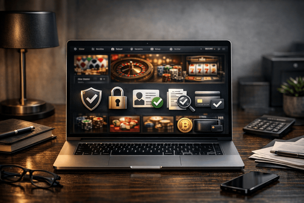 Ein realistisches redaktionelles Foto zeigt einen modernen Laptop auf einem stilvollen Schreibtisch in dunkler Atmosphäre. Auf dem Bildschirm ist eine neutrale Casino-Oberfläche mit Symbolen für Sicherheit, Lizenzprüfung, Datenschutz, Auszahlungsprüfung und Zahlungsmethoden zu sehen. Die Szene vermittelt Seriosität und Risikobewusstsein im Umgang mit casinos ohne oasis, mit Fokus auf IT-Sicherheit und transparente Auszahlungen.